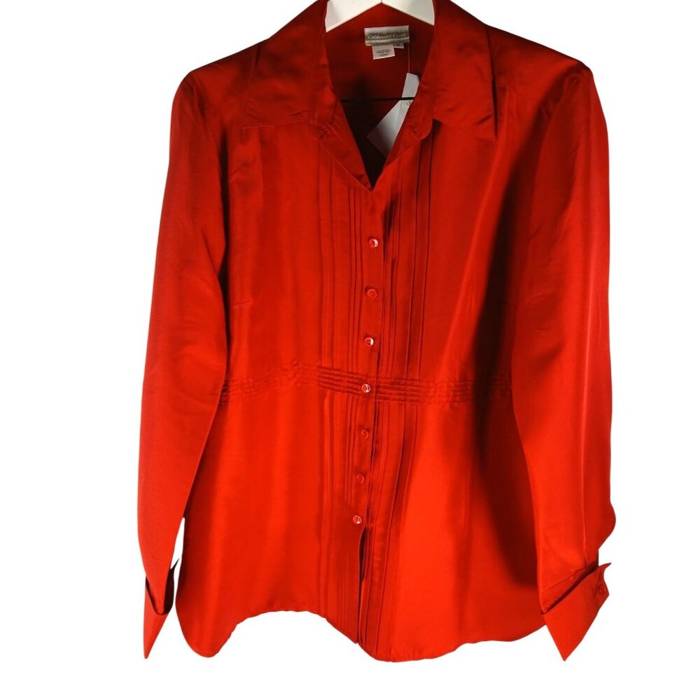 Coldwater Creek Womens Red Button Up Long Silk Sleeve Blouse Size 16 Pintuck